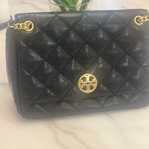 Tory Burch Black Quilted Leather Shoulder Bag with Gold Hardware Authentic!